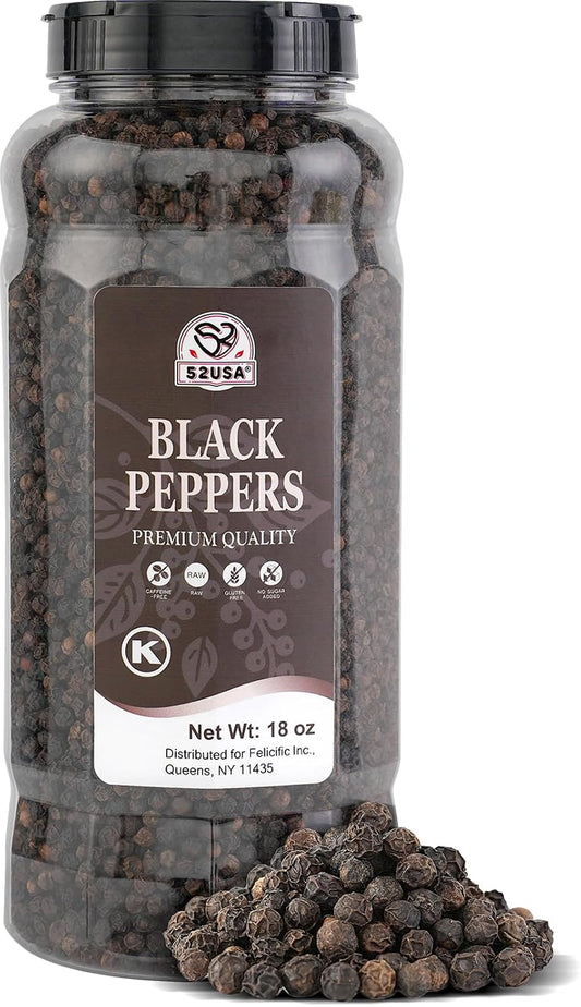 52USA Whole Black Peppercorns, 18oz (Pack of 1), Peppercorns for Grinder Refill, Gluten-Free, Kosher, Non-GMO, All Natural Black Pepper, Perfect for Cooking & Seasoning