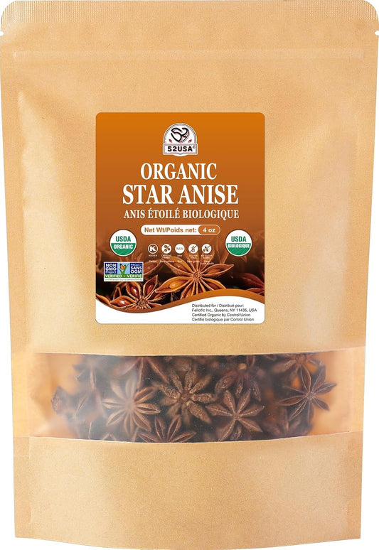 52USA Organic Star Anise, 4 Ounce (Pack of 1), NON-GMO Verified Chinese Star Anises Whole, Dried Star Anise Pods for Tea and baking