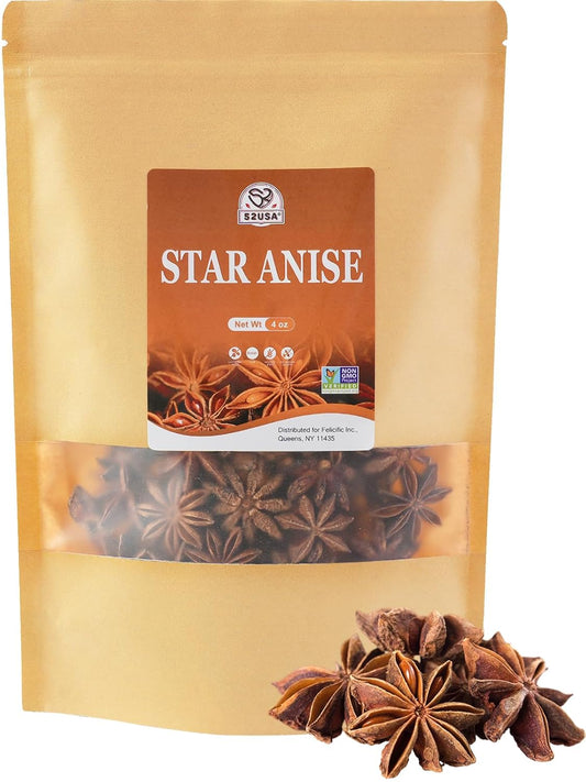 52USA Star Anise, Whole Chinese Star Anise 4oz (113g), NON‑GMO Verified Aromatic Anise Star for Pho Broth, Mulled Wine, Tea, Braising Meat, Baking, Whole Chinese Star Anise Pods, Resealable Bag