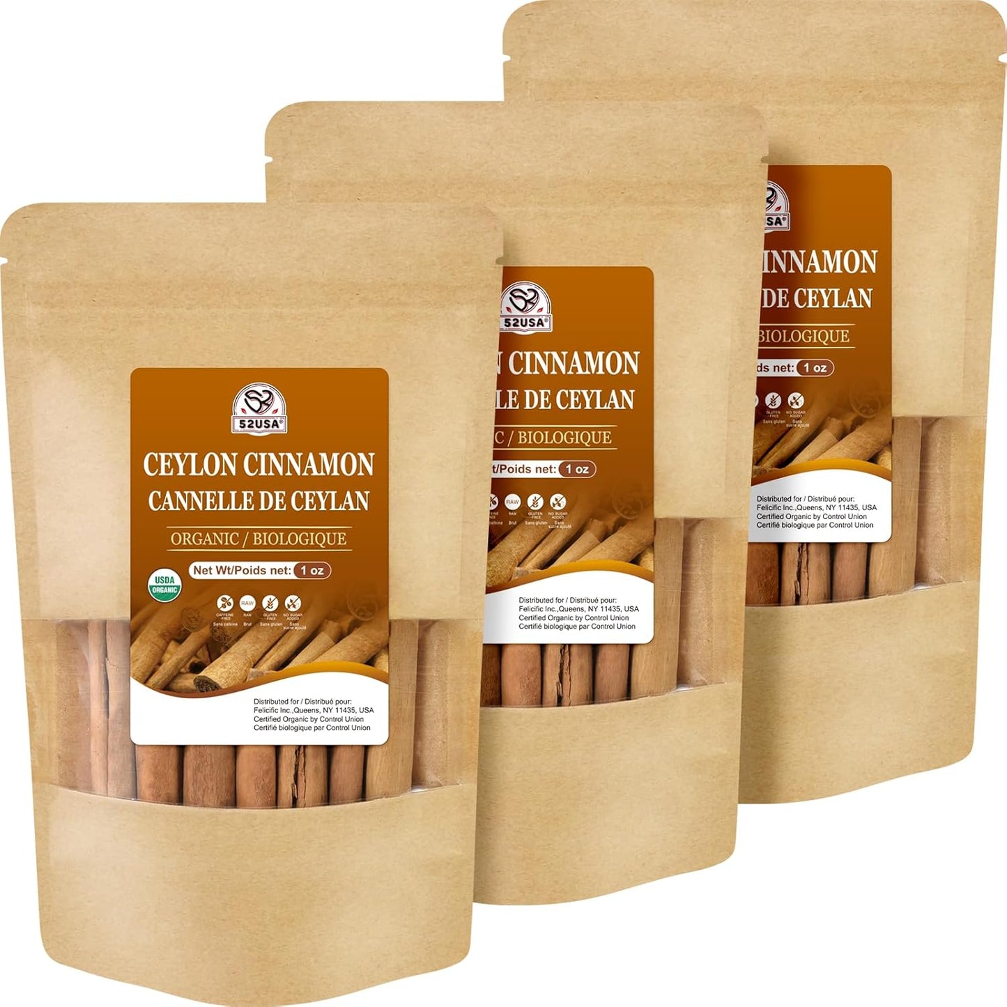 52USA Organic Ceylon Cinnamon Sticks, 1 Ounce (Pack of 3), True Cinnamon Farmed in Sri Lanka, Whole Cinnamon Sticks Bulk, Vegan, Non GMO, 28g