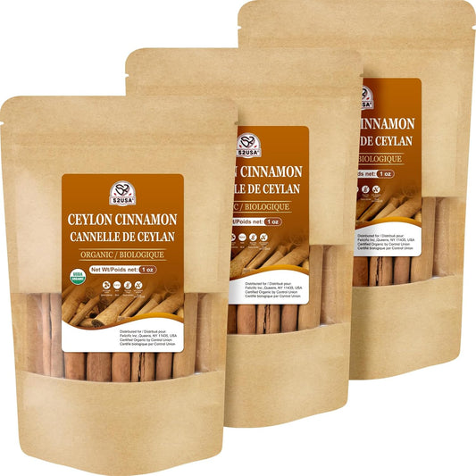 52USA Organic Ceylon Cinnamon Sticks, 1 Ounce (Pack of 3), True Cinnamon Farmed in Sri Lanka, Whole Cinnamon Sticks Bulk, Vegan, Non GMO, 28g