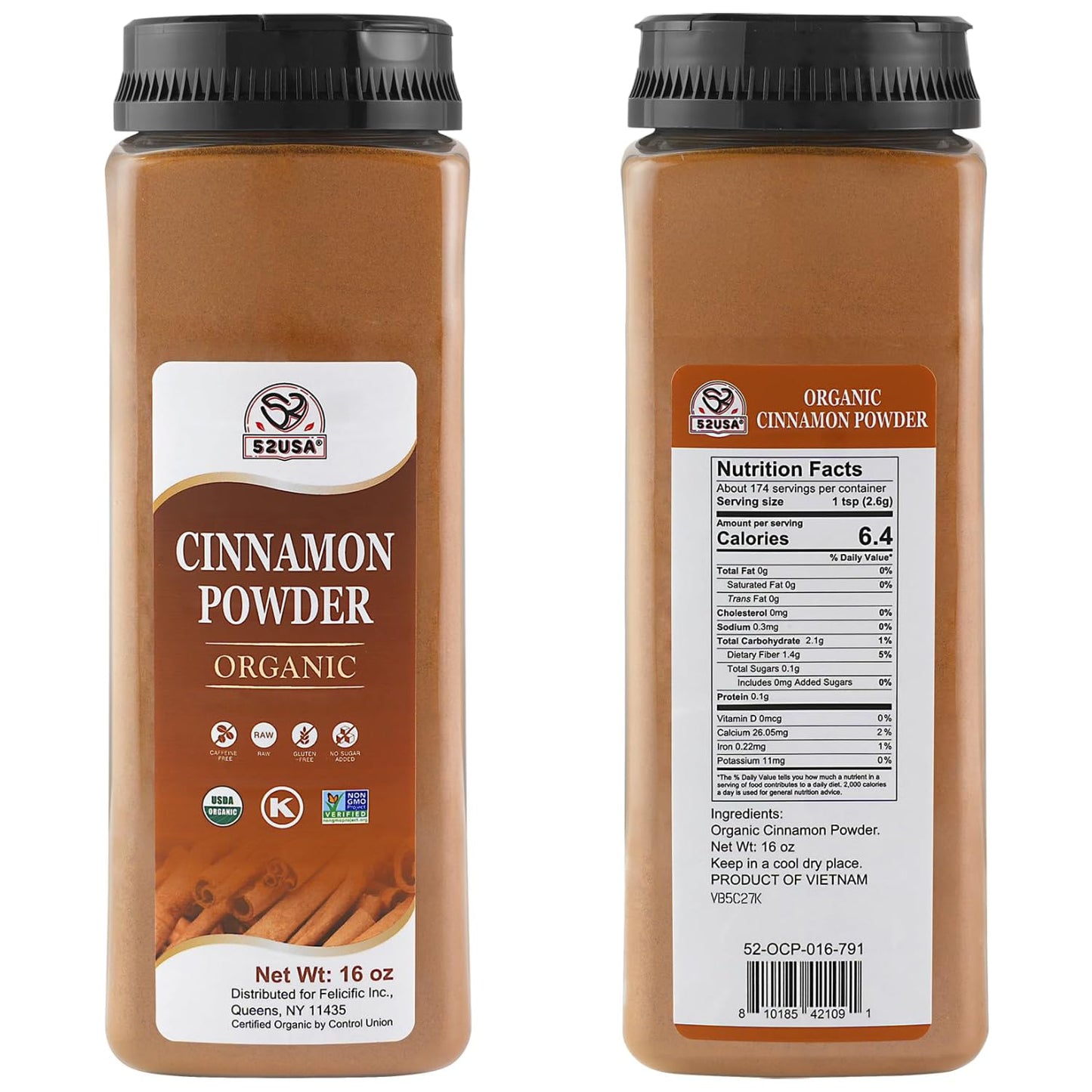 52USA Organic Cinnamon Powder,1 lb (16oz),Pure Ground Cinnamon, 100% Certified,Premium Quality Spice-Great for Baking,Cooking and Drinks,Additive Free, USDA & Kosher Certified, Non-GMO,Gluten Free