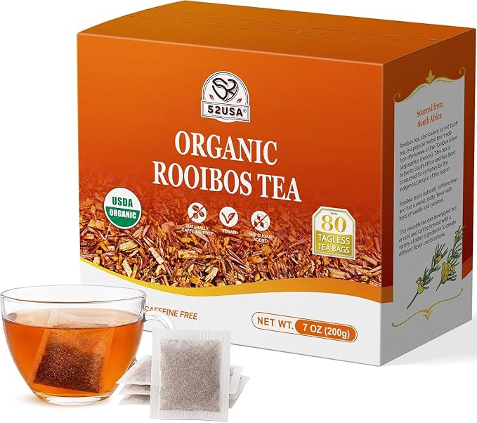 52USA Red Rooibos Tea Bags, 80 Tea Bags, Rooibos Tea Organic Pure Premium Rooibos Chai Tea, Herbal Tea, Naturally Sweet & Caffeine-Free, Farmed in South Africa, USDA Organic, 7oz (200g)
