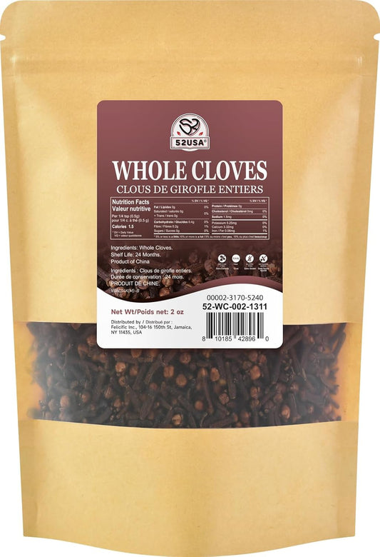 52USA Cloves Whole 2 oz (Pack of 1), Great for Food, Tea, Baking and Meats, All Natural | Non GMO | Kosher | Vegan | Gluten Free