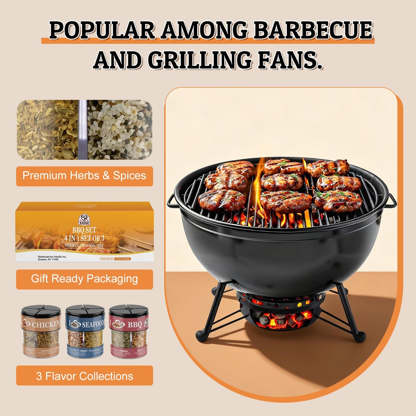 52USA BBQ Seasoning Set 4-in-1, Pack of 3, Includes Chicken, Seafood & BBQ Rubs for Grilling, Cooking & Barbecue