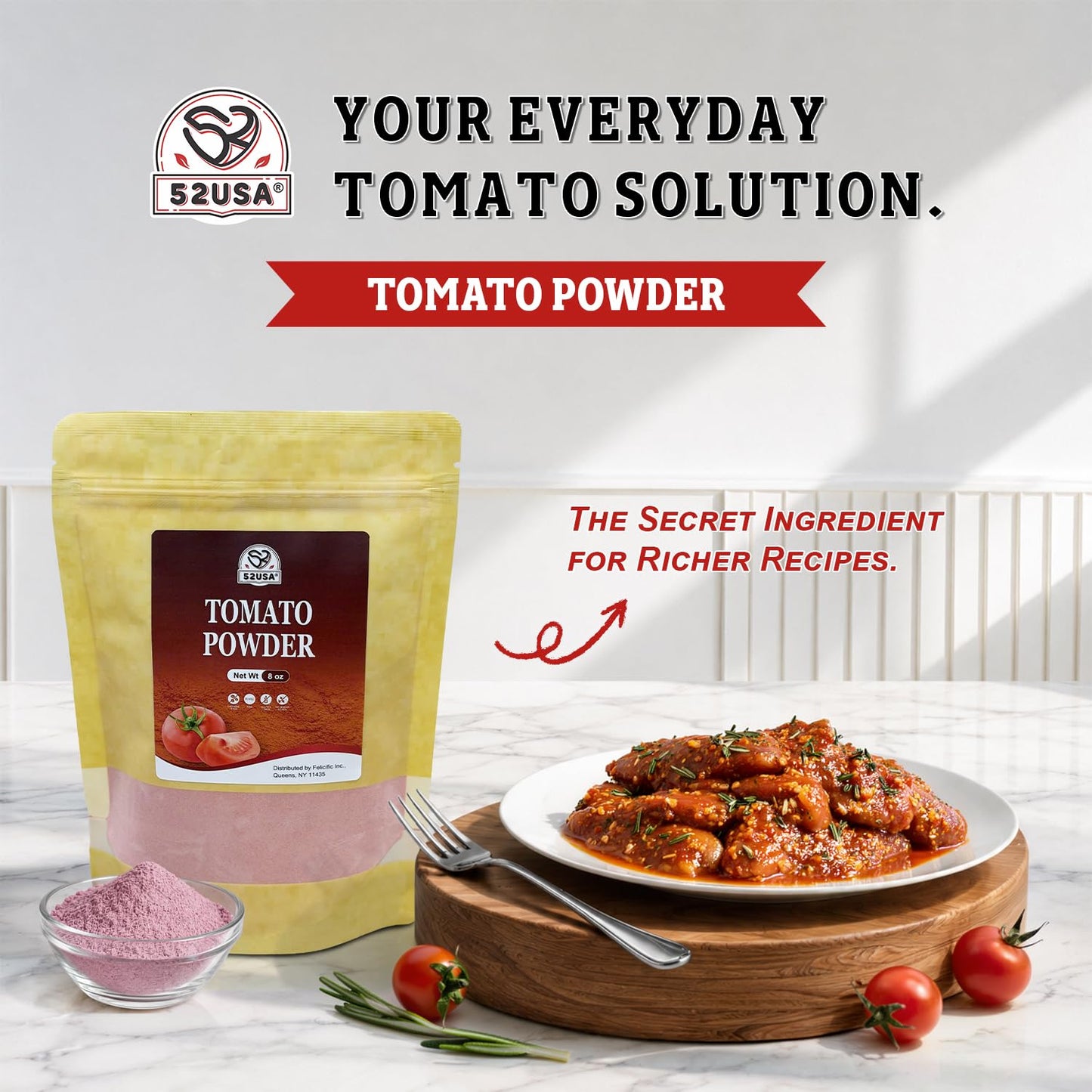 52USA Tomato Powder, 8oz, Dehydrated Tomato Powder for Cooking, Sauce, Soup, Pasta & Pizza– Rich Tomato Flavor, Fine Tomatoes Powder, Non-GMO, Vegan, Gluten Free