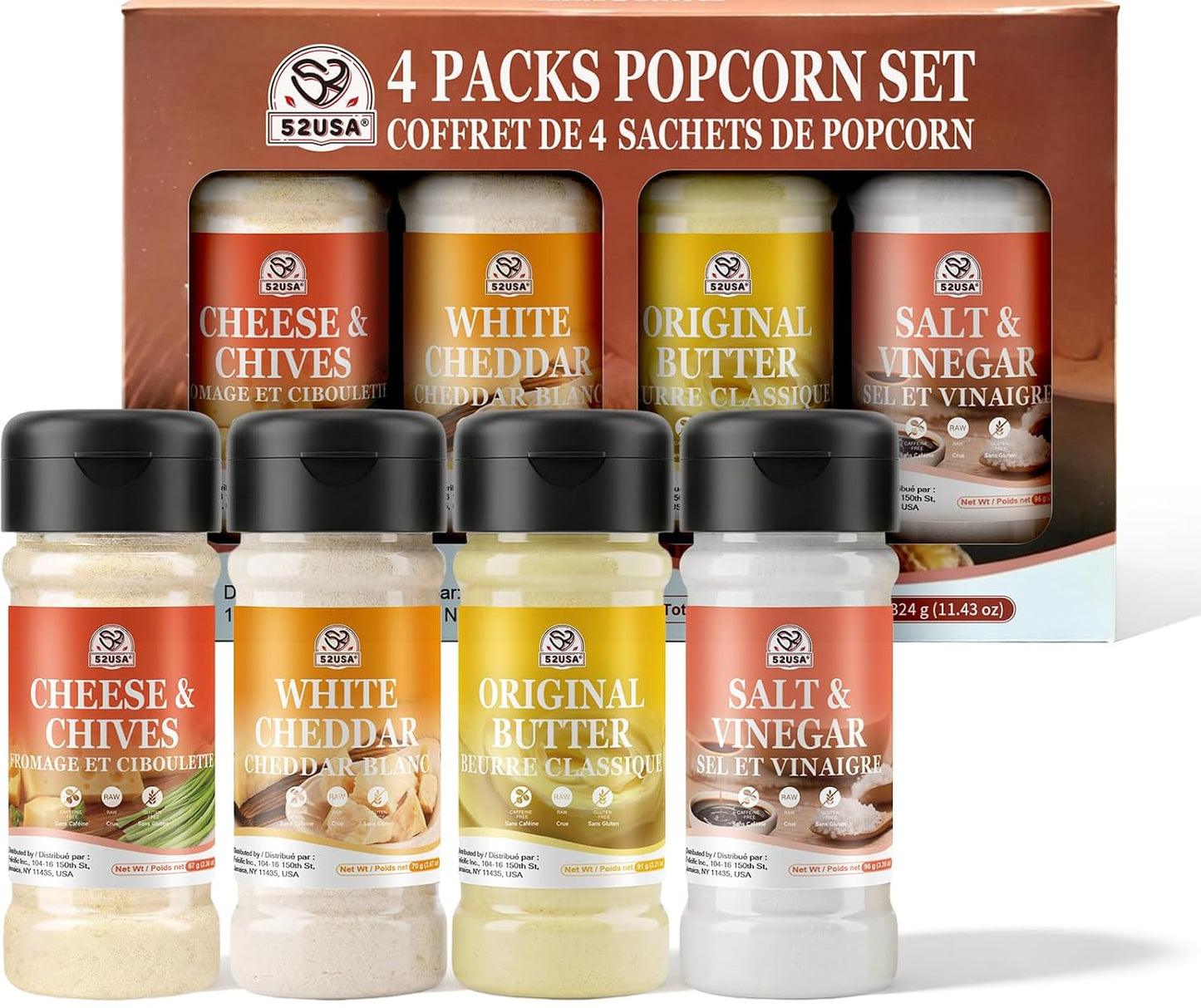 52USA Popcorn Seasoning Set, Multi-Flavor Variety Pack, Popcorn Spice Set | White Cheddar Cheese, Original Butter, Cheese & Chives, Salt & Vinegar, Old Fashioned (Pack of 4)