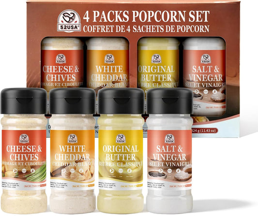 52USA Popcorn Seasoning Set, Multi-Flavor Variety Pack, Popcorn Spice Set | White Cheddar Cheese, Original Butter, Cheese & Chives, Salt & Vinegar, Old Fashioned (Pack of 4)