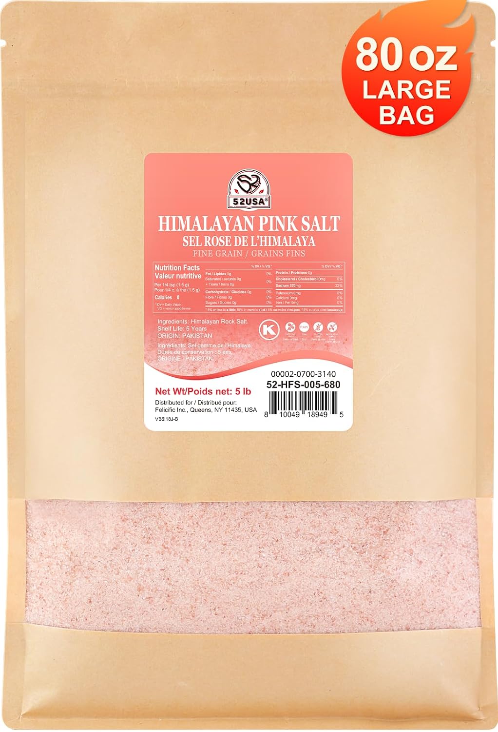 52USA Himalayan Pink Salt, Fine Grain, 80 oz (5 Pound), Pink Himalayan Sea Salt Fine, Kosher Salt, Rock Salt