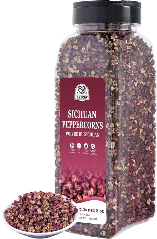 52USA Sichuan Peppercorns, Szechuan Peppercorns 8oz Bottle –Authentic Whole Red Sichuan Pepper, Strong Flavor with Tingly Numbness, Essential Spice for Mapo Tofu, Kung Pao Chicken, Asian Cuisine