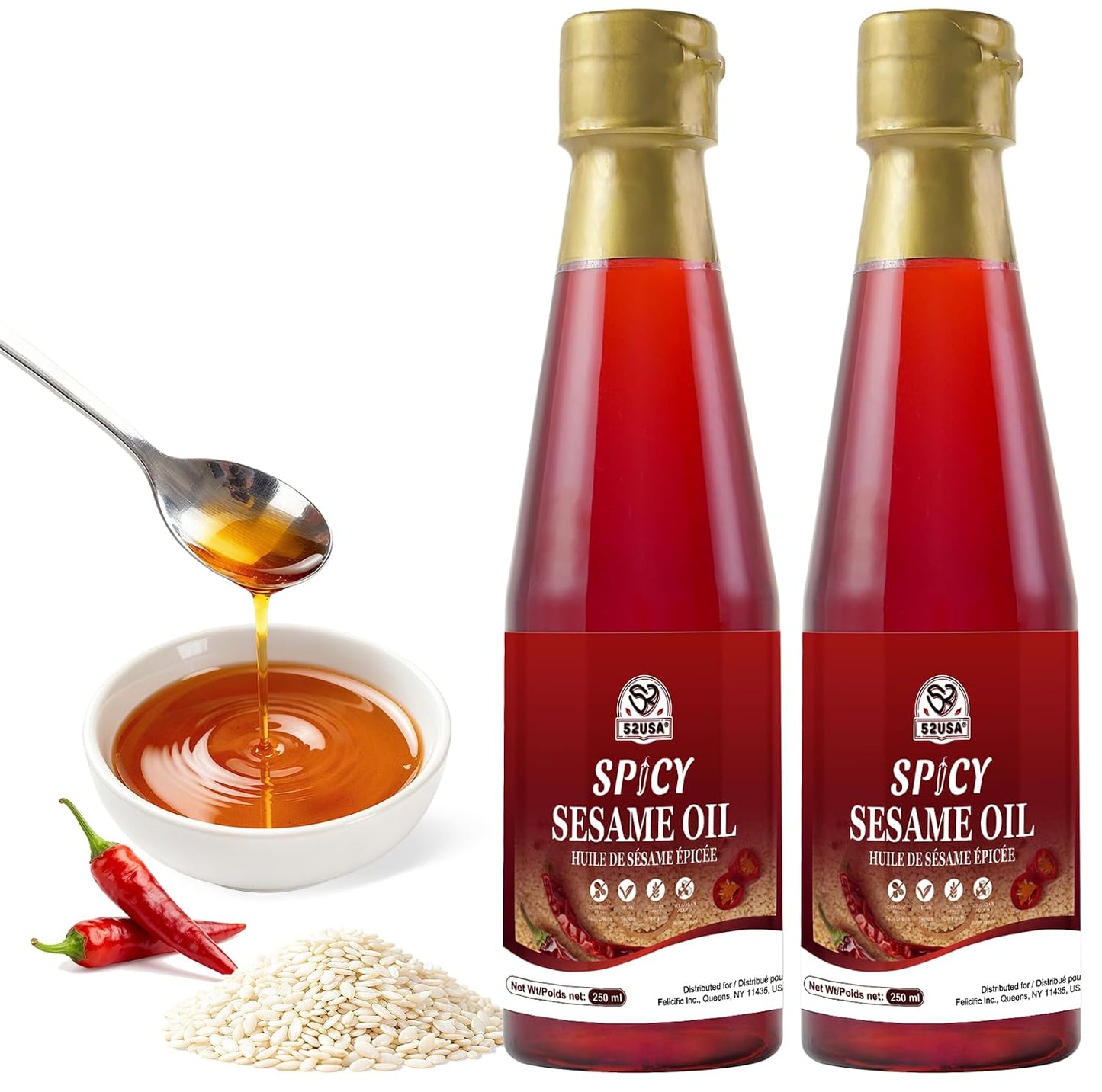 52USA Premium Spicy Sesame Oil, Toasted Seasame Chili Oil 2 Pack, 8.45 Fl oz (250 ml*2), Aromatic Chili-Infused Flavor, Bold Heat & Nutty Taste, Ideal for Asian Cooking, Baking & Soups, Marinades