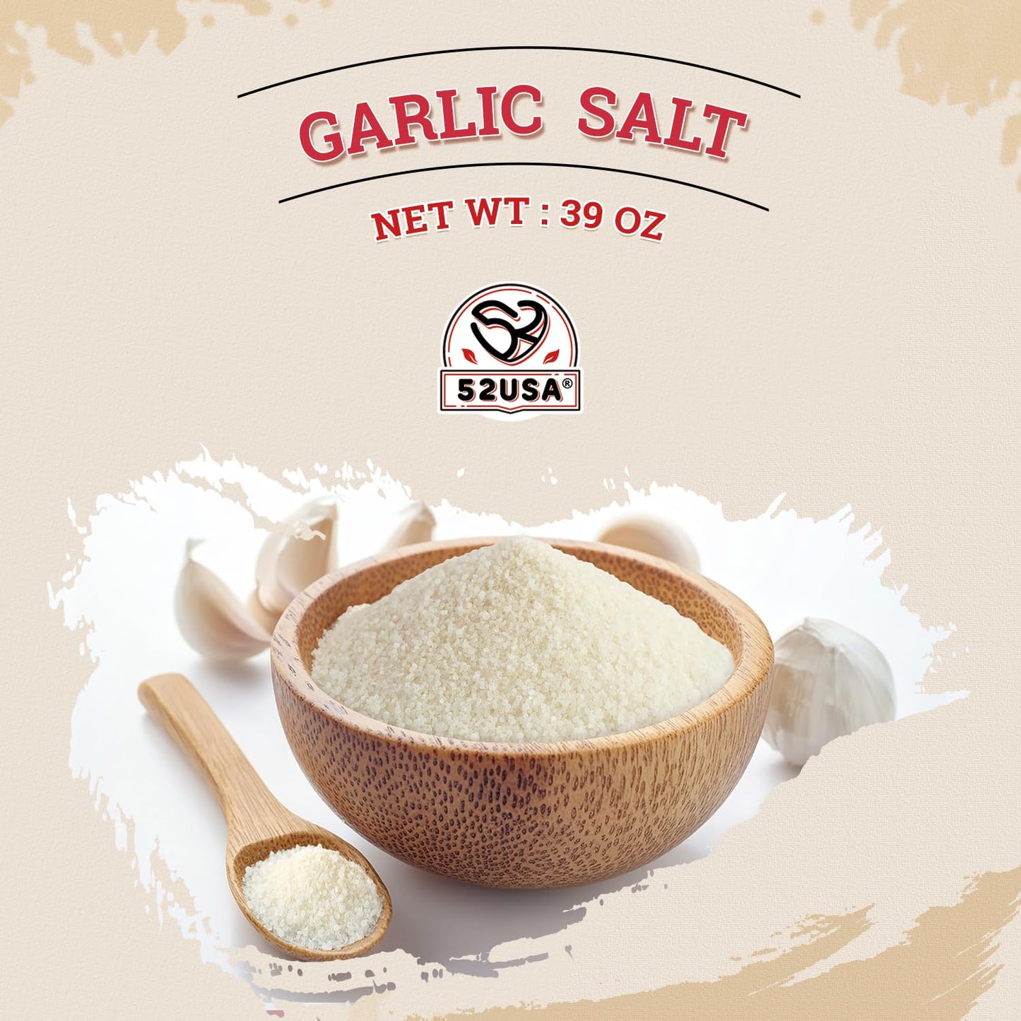 52USA Garlic Salt 39 Ounce(1.1 kg), Garlic Salt Bulk Seasoning, Fine Ground Salt Garlic, No MSG Added, Non-GMO, Kosher, Gluten Free, Flavorful Salt for Soups, Vegetables, Meats, Breads and More