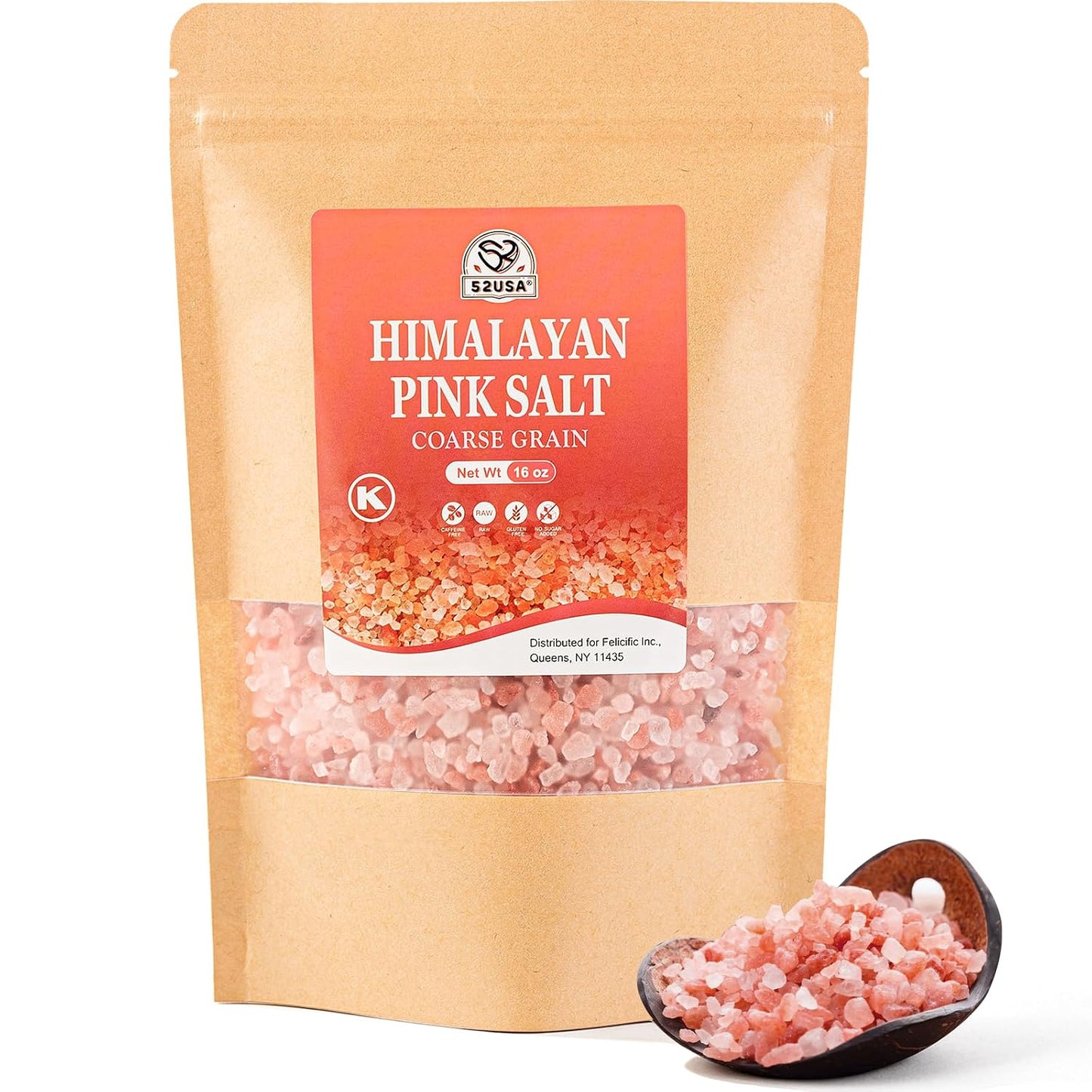 52USA Himalayan Pink Salt Coarse, Coarse Grain 1 lb, Pink Himalayans Sea Salt, Sea Salts for Grinder Refill, Himalayan Salts, Pink Salt, No Artificial Colors, No Additives, No Gluten, Kosher Certified