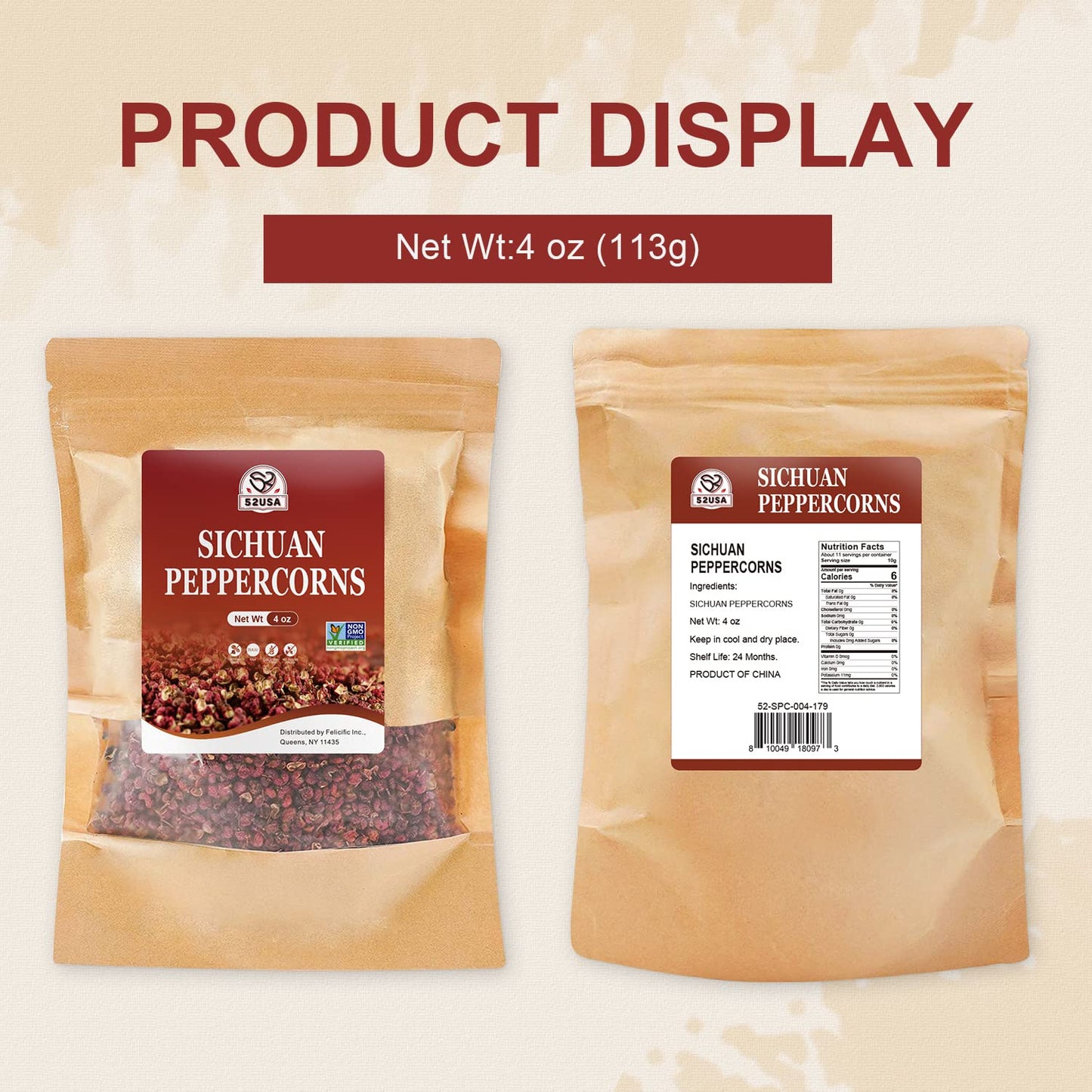 52USA Sichuan Peppercorn, Szechuan Peppercorns(4OZ), Authentic Szechuan Red Peppercorn, Less Seeds, Strong Flavor, Whole Sichuan Red Peppercorns, Tingly Numbness, Key for Mapo Tofu and Sichuan Dishes