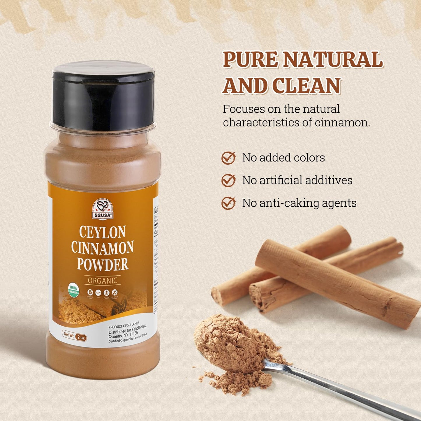 52USA Organic Ceylon Cinnamon Powder, 2oz, Perfect for Baking and Cooking | Sri Lanka Source, USDA & Kosher Certified, Pure Ceylon Cinnamon Powder, Non-GMO, Gluten-Free, Ground Cinnamon Powder