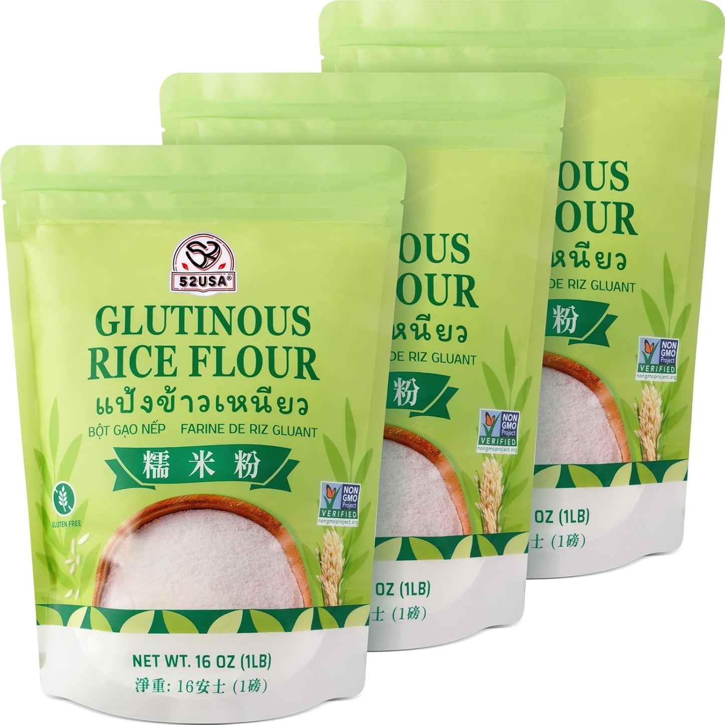 52USA Glutinous Rice Flour 48 Ounce (Basic), 1 Pound (Pack of 3), Rice Flour for Baking or Cooking, Product of THAILAND, All Natural White Rice Flour, Vegan | All Natural, Vegan, White Rice Flour for Baking or Cooking