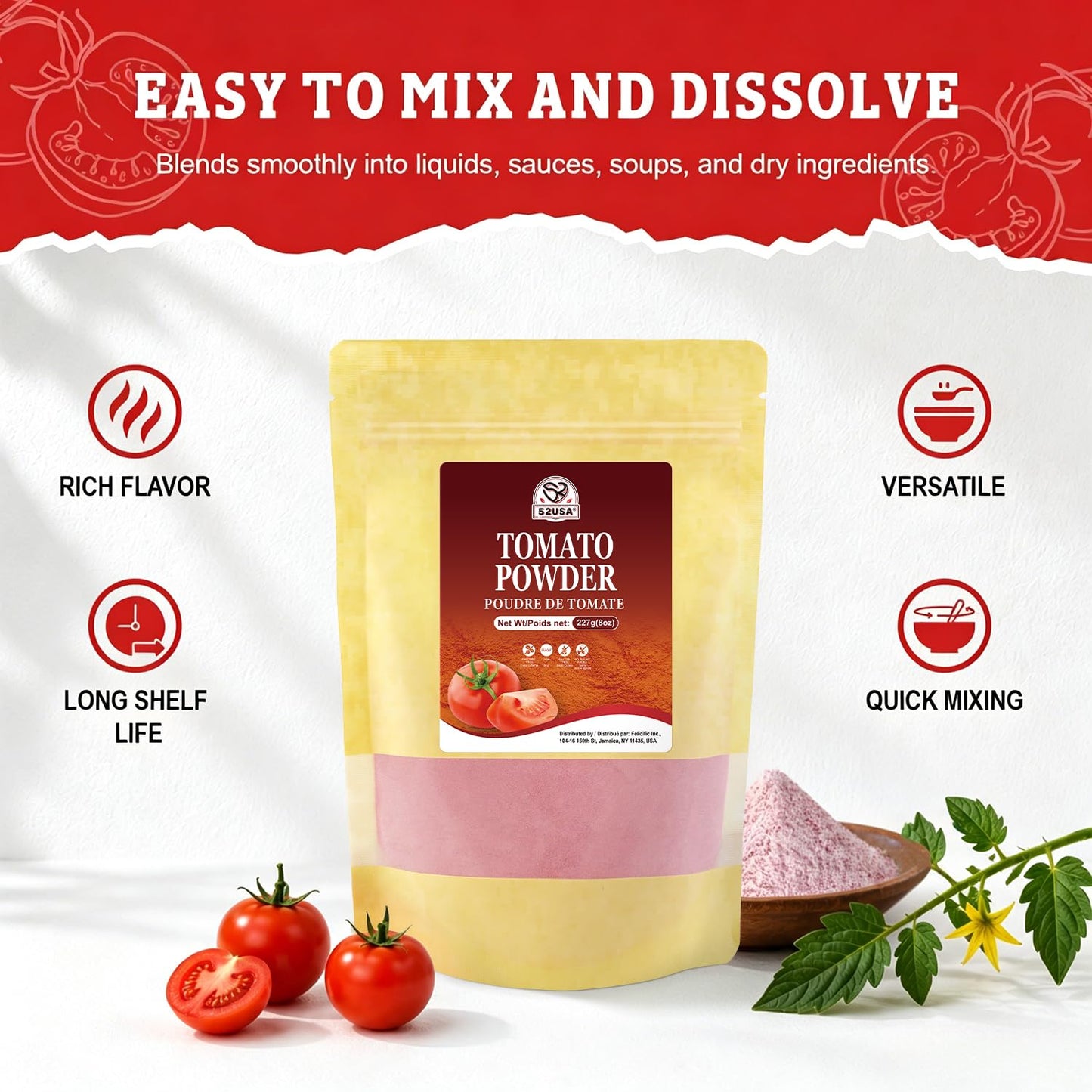 52USA Tomato Powder, 8oz, Dried Tomato Powder for Cooking, 100% Natural | Rich Tomato Flavor, Fine Tomatoes Powder, Great for Baking, Resealable Pouch, Non-GMO, Vegan Friendly, Gluten Free, Bulk Size
