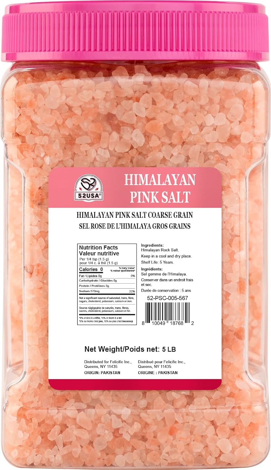 52USA Himalayan Pink Salt for Grinder Refill, 80oz (5 Pound), Himalayan Coarse Salt, Pink Himalayan Sea Salt, Unrefined Rock Salts, Kosher & Natural Certified