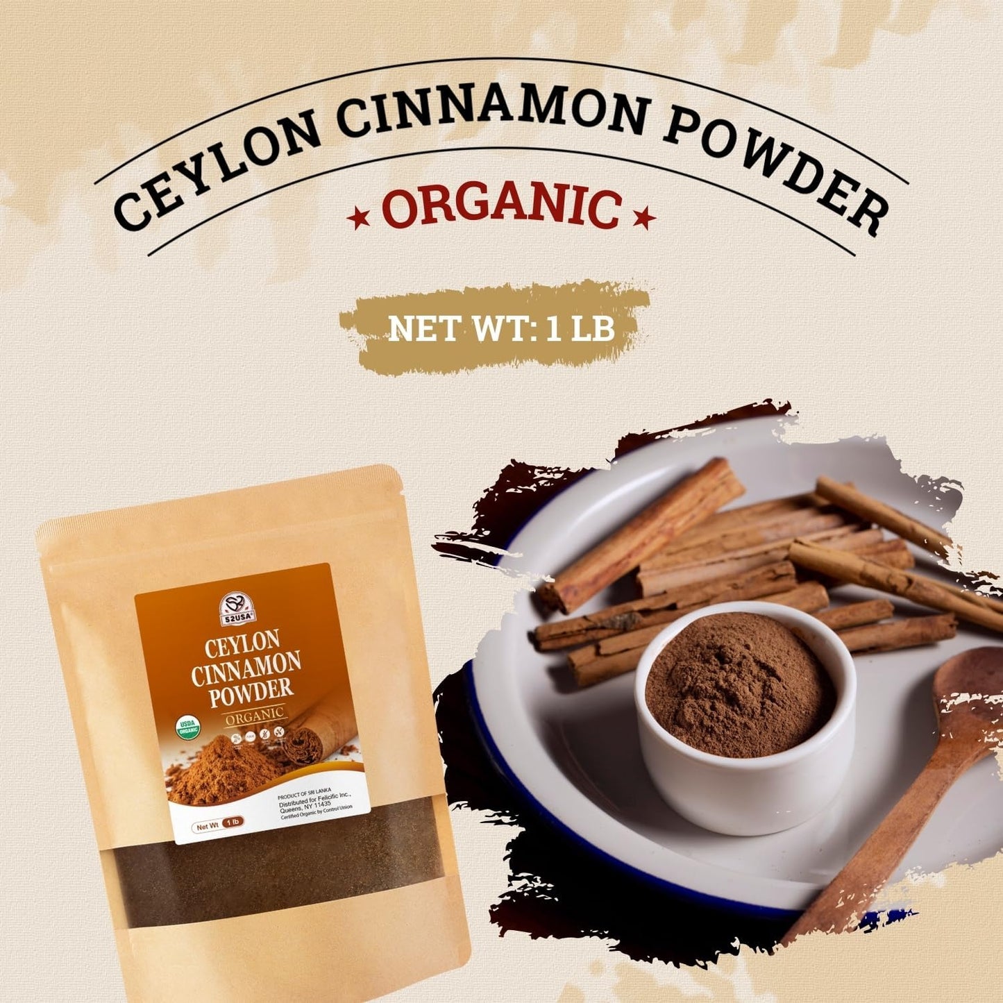 52USA Organic Ceylon Cinnamon Powder, 1lb Resealable Bag | True Cinnamon from Sri Lanka, Non-GMO, Gluten-Free, Freshly Ground for Baking, Cooking & Beverages