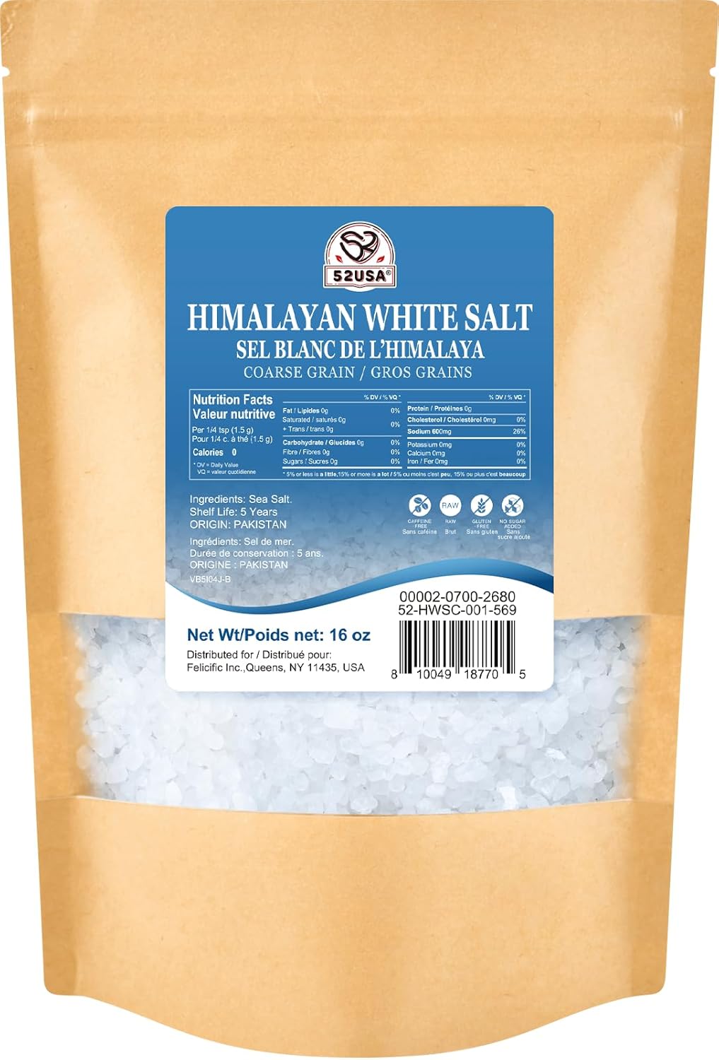 52USA Himalayan White Salt, 16 oz, Salt for Grinder Refill, Coarse Salt 1 Pound, Non-GMO, All Natural Sea Salt, Kosher Salt (Pack of 1)