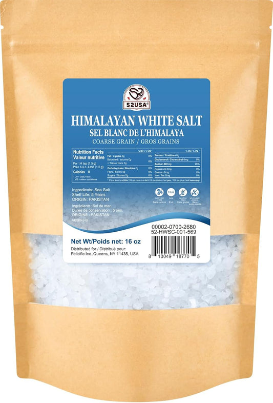 52USA Himalayan White Salt, 16 oz, Salt for Grinder Refill, Coarse Salt 1 Pound, Non-GMO, All Natural Sea Salt, Kosher Salt (Pack of 1)