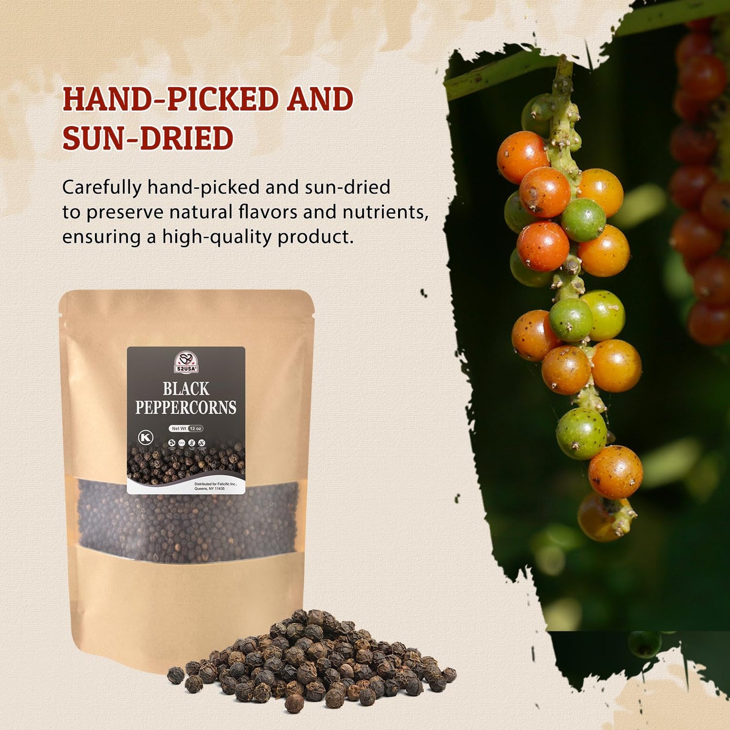52USA Black Peppercorns 12 oz and Coarse Sea Salt 1 lbs, Salt and Pepper for Grinder Refill, Whole Peppercorns