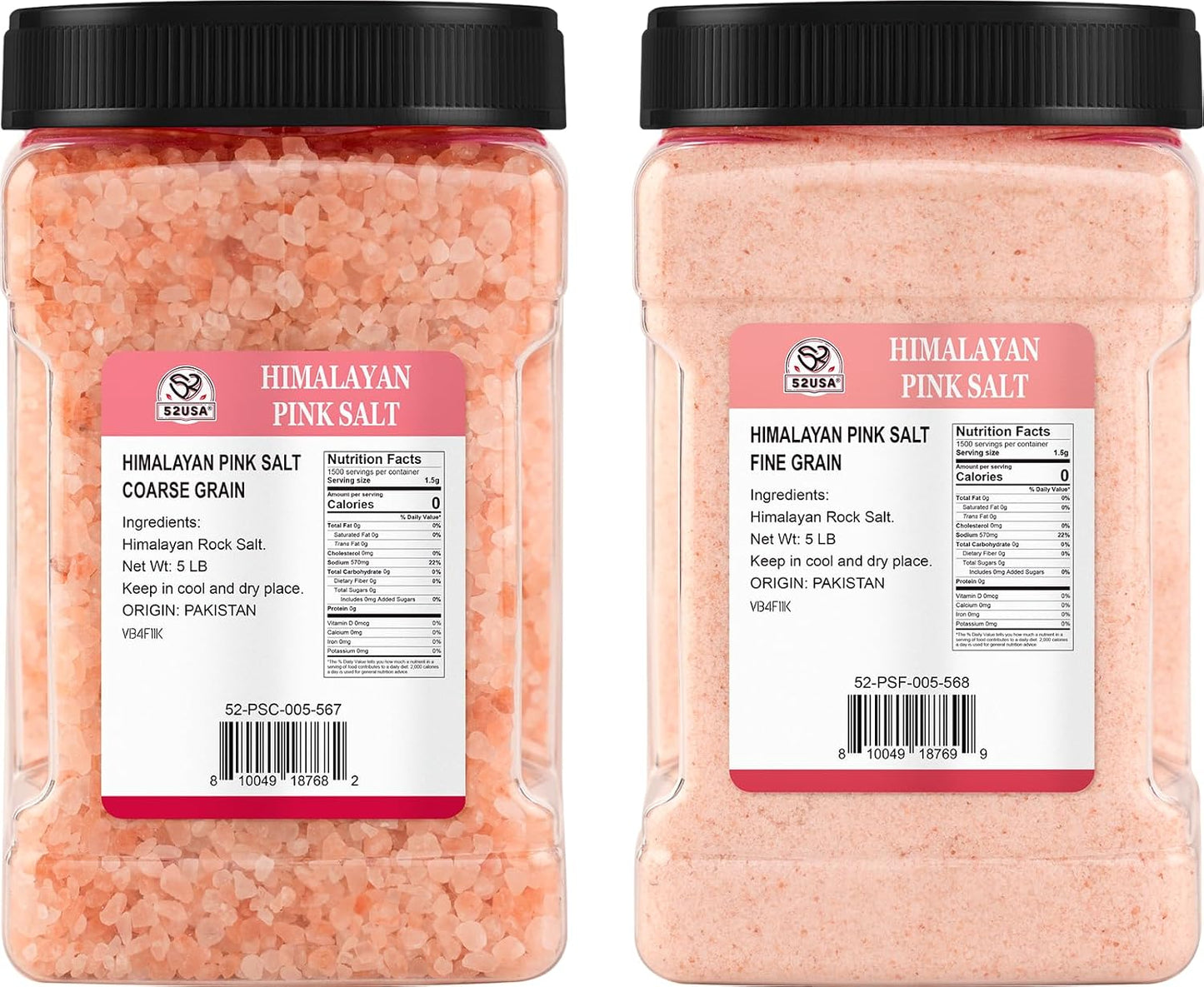 52USA Himalayan Pink Salt Bundle, Himalayan Pink Salts Coarse 5LB + Himalayan Pink Salts Fine 5LB, 100% Pure Unrefined Pink Salt, Kosher & Natural Certified, Kosher Salt for Cooking & Grinder Refill