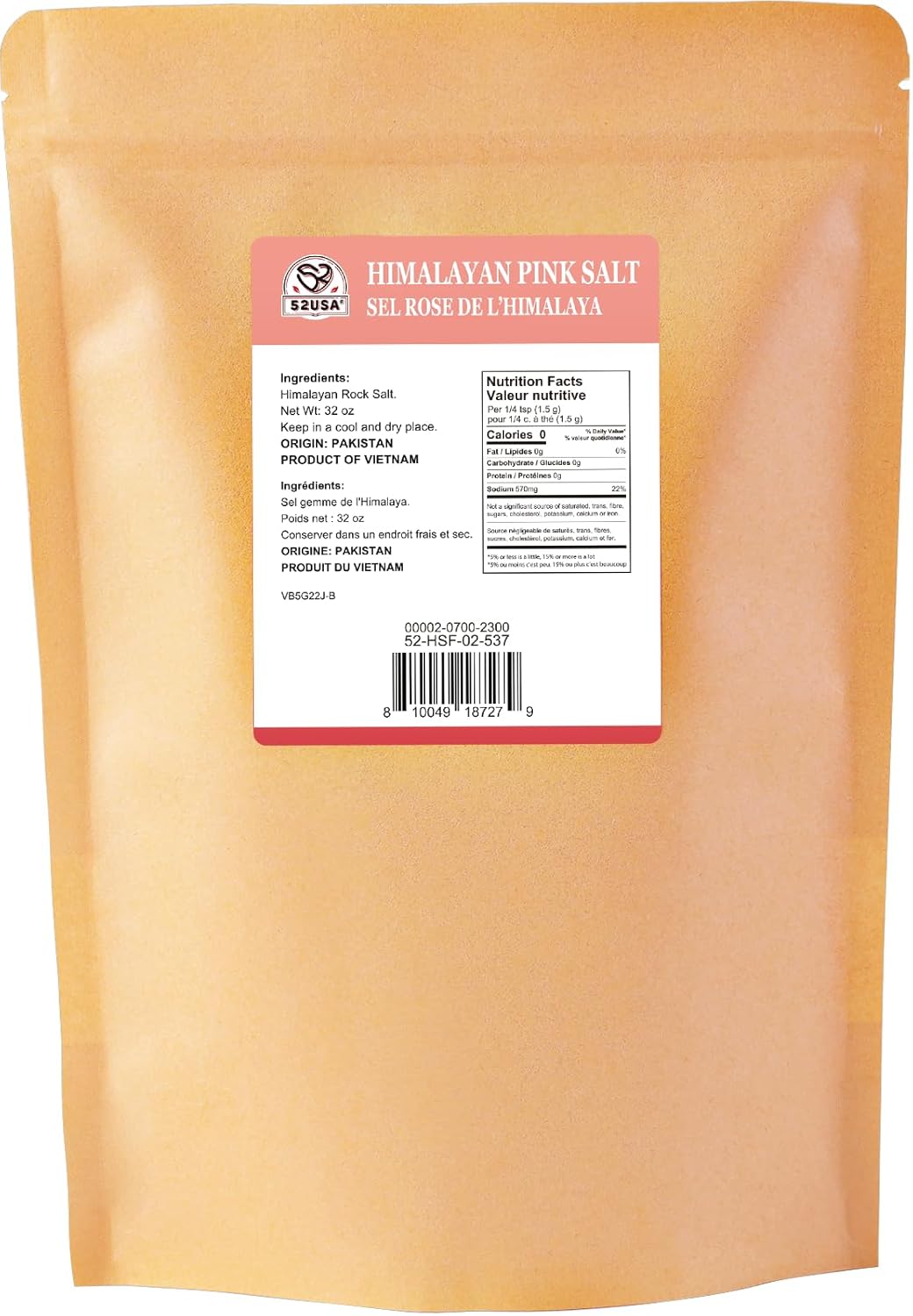 52USA Himalayan Pink Salt Fine, Fine Salt 2 lb, Pink Himalayan Sea Salt, Sea Salt, No Artificial Colors, No Additives, No Gluten, Rock Salt for Grinder Refill, Kosher Salt