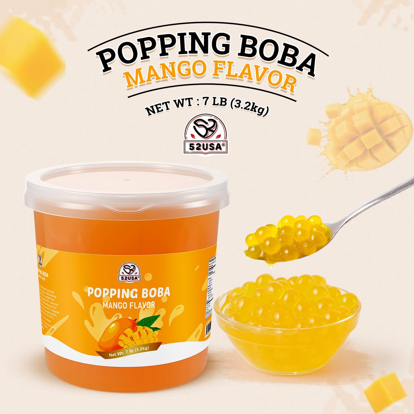 52USA Mango Popping Boba Pearls 7.05 Pounds(3.2kg), Bursting Boba Pearls Popping Pearlsfor Bubble Tea, Beverages, Shakes, Desserts, Smoothie and Ice Cream Topping