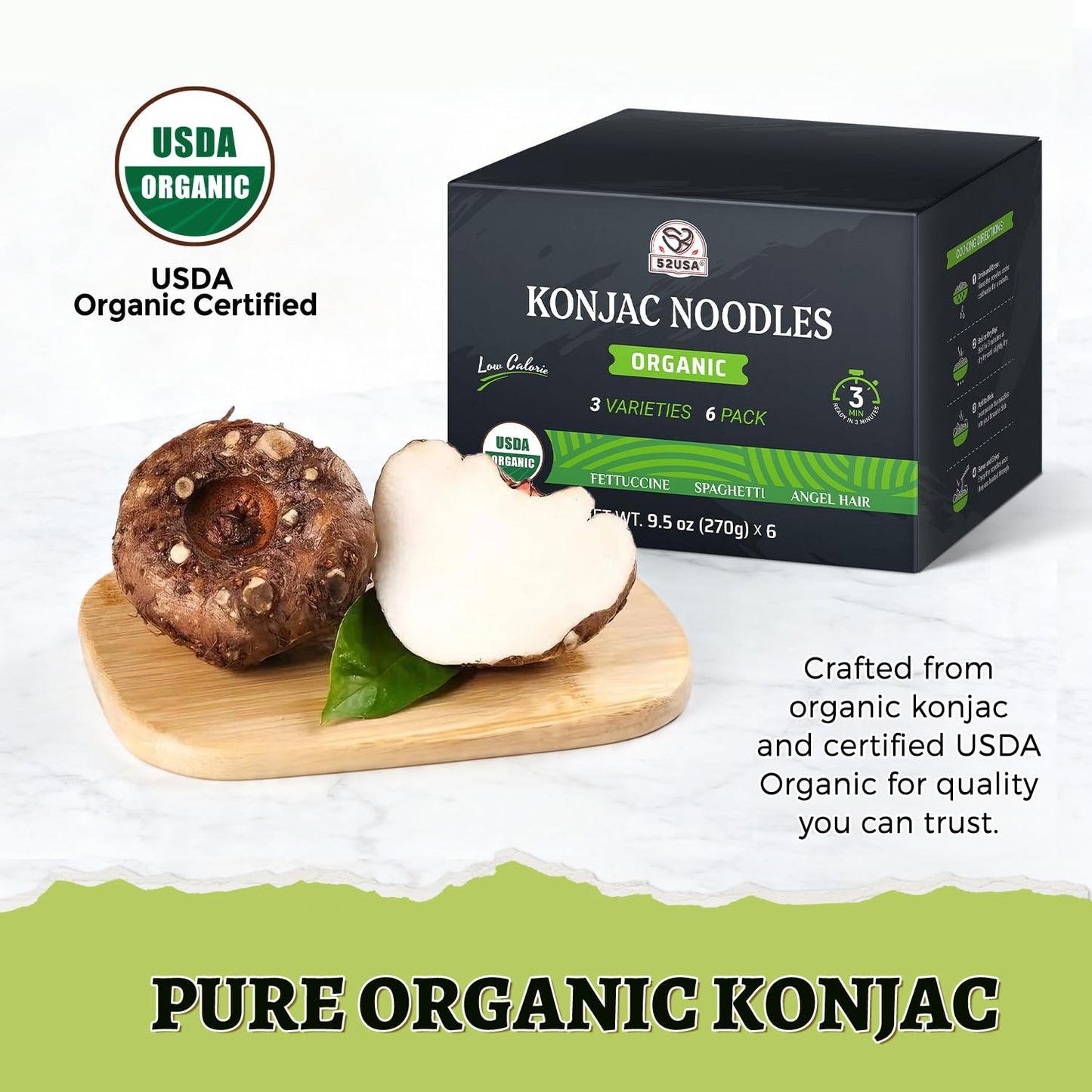 52USA USDA Organic Konjac Shirataki Noodle, Low Carb Pasta 52.8 Oz, 6 Pack 3 Variety-Angel Hair, Fettuccine, Spaghetti Noodles, Keto and Paleo Friendly, Low Calorie, Sugar Free, Vegan, Ready to Eat