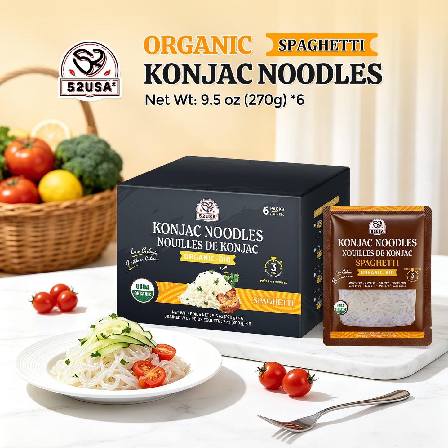 52USA Organic Konjac Spaghetti Noodle, 6-Pack (52.8 oz Total) – USDA Organic Shirataki Pasta, Low Carb, Keto Friendly, Vegan, Sugar-Free, Gluten-Free, Ready to Eat, High Fiber Noodles