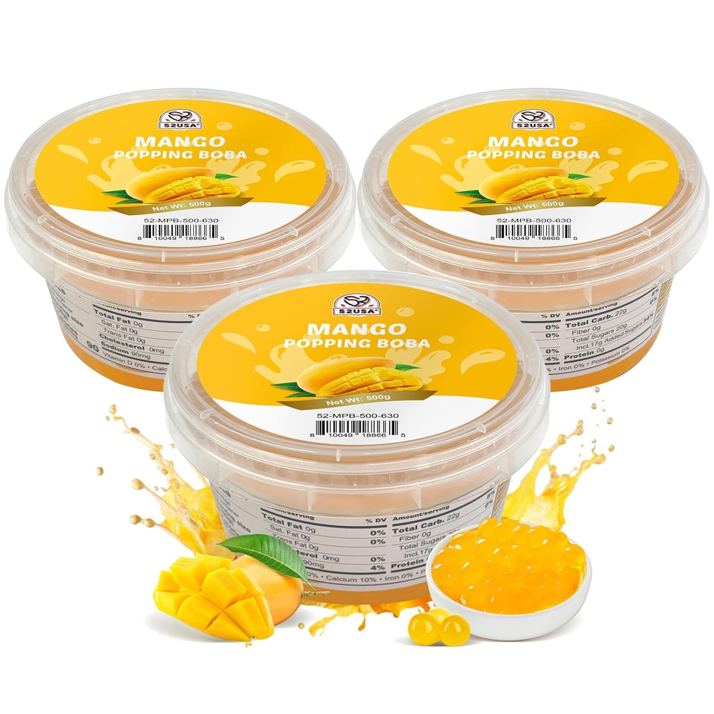 52USA Mango Popping Boba, 1.1 Pound (Pack of 3), Bursting Boba Pearls | Popping Boba Pearls for Bubble Tea, Beverages, Sweets, Ice Cream, Shakes, Desserts & Smoothies Topping