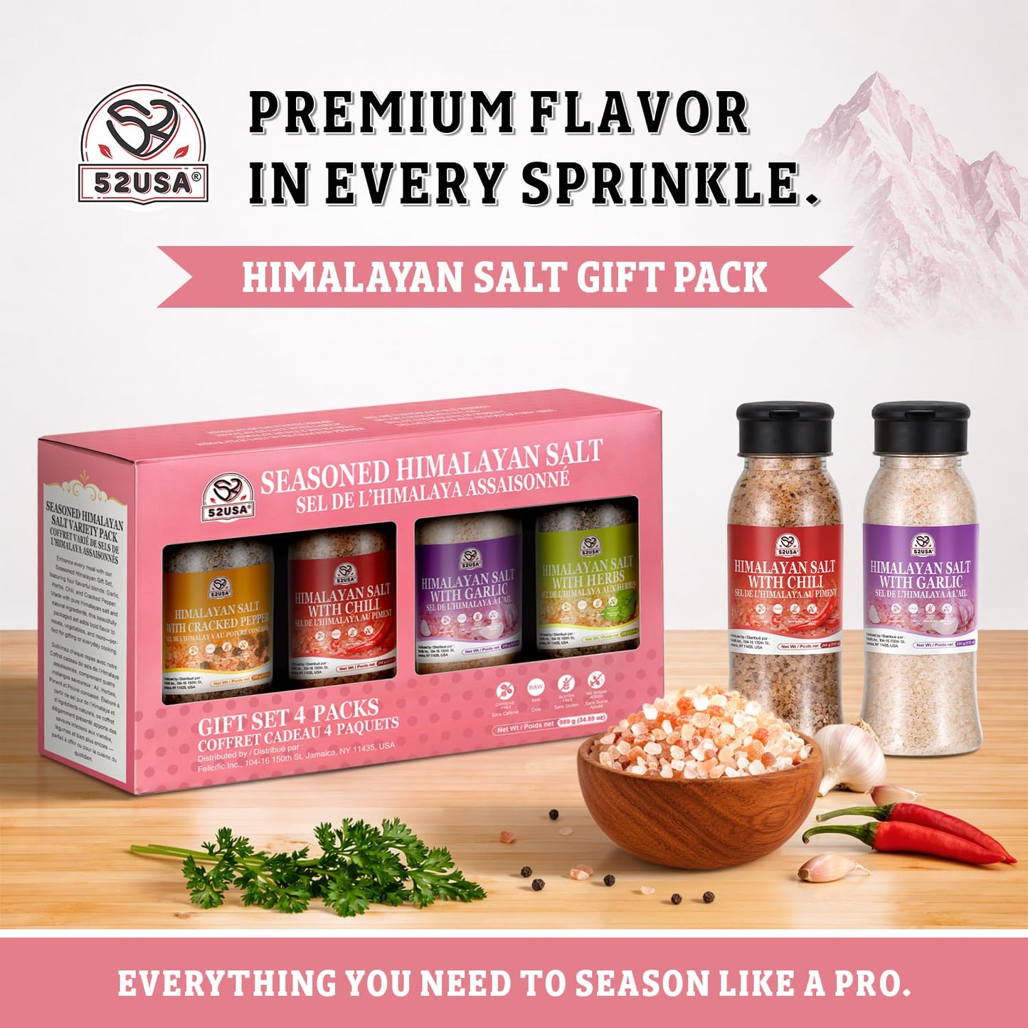 52USA Seasoned Himalayan Salt Gift Set 4 packs, Seasoned Salt Blend | Himalayan Pink Salt with Black Pepper, Garlic, Chili, Herbs and Sea Salt, All Purpose Spice Blends for Meat, Seafood & Veggy