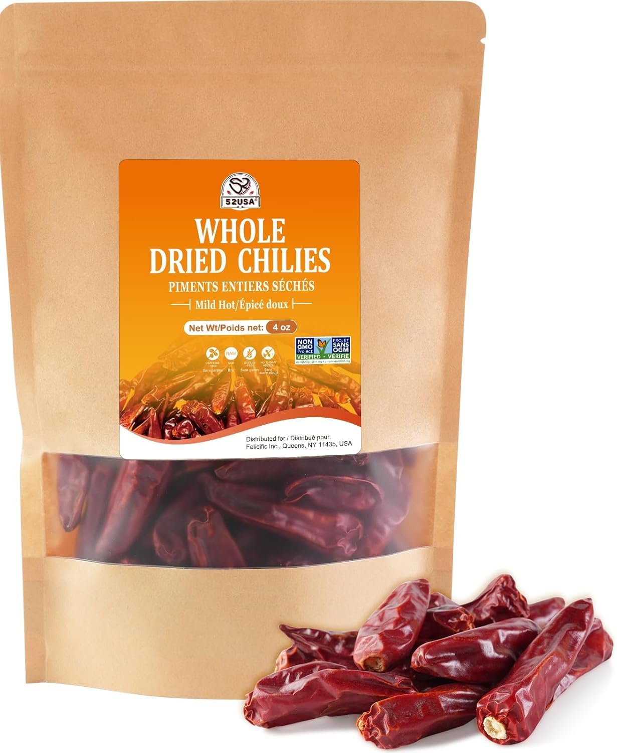 52USA Dried Chilli Peppers, Whole Dried Chilies 4 oz, Mild Spicy Chili Peppers, 100% Natural & Premium Sichuan Red Dry Chilis, Red Chili Peppers, Dry Sichuan Chile Peppers Great for Mexican Recipes