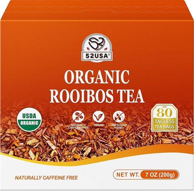 52USA Red Rooibos Tea Bags, 80 Tea Bags, Rooibos Tea Organic Pure Premium Rooibos Chai Tea, Herbal Tea, Naturally Sweet & Caffeine-Free, Farmed in South Africa, USDA Organic, 7oz (200g)