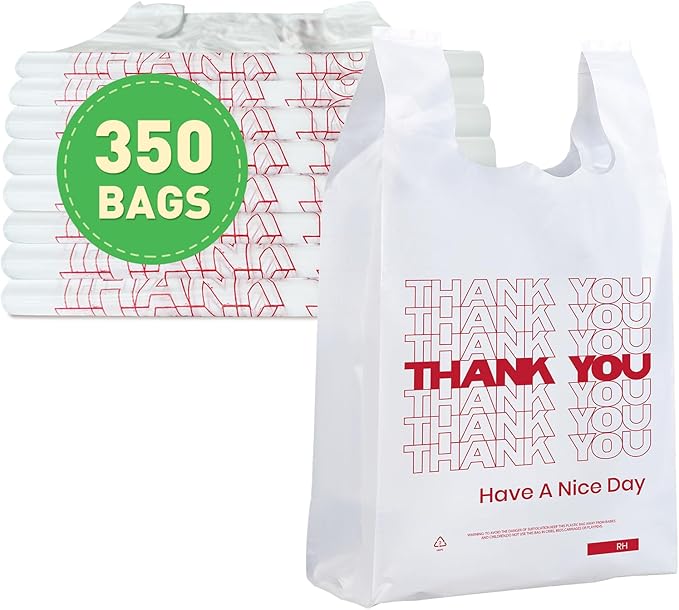 52USA Thank You Plastic Bags, 350 Pcs – White Shopping Bags with Handles for Grocery Stores, Restaurants