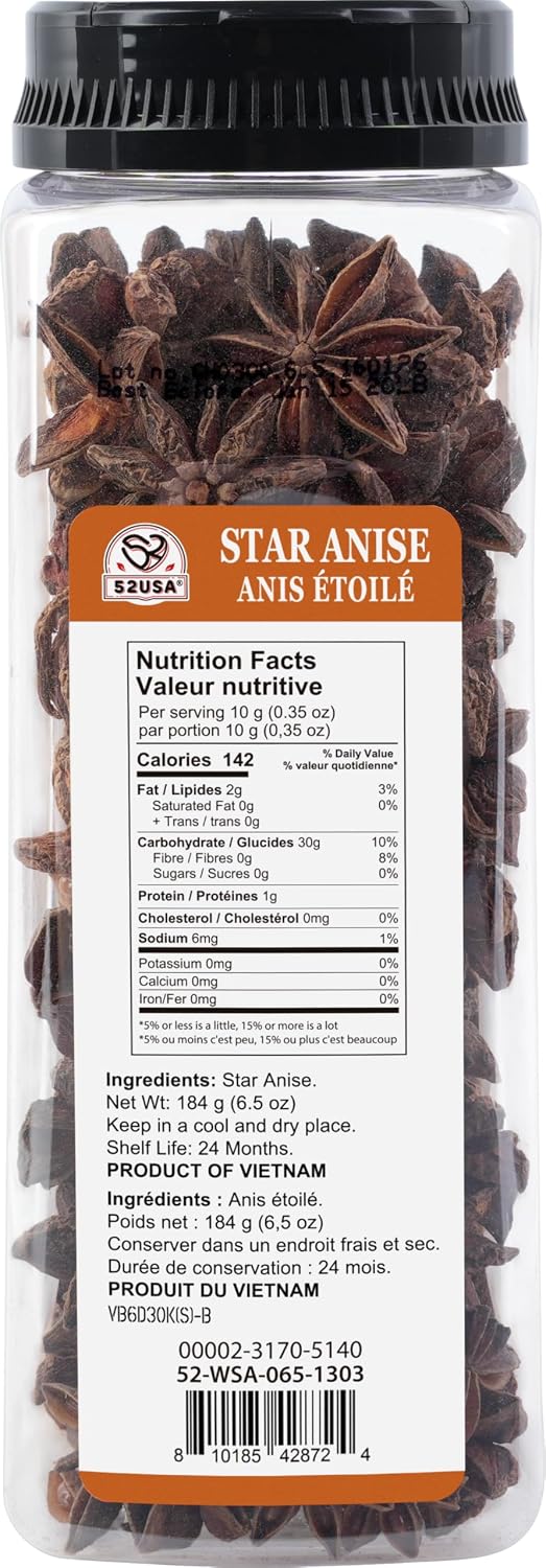 52USA Whole Chinese Star Anise Pods, 6.5oz (184g), Non-GMO Dried Spice