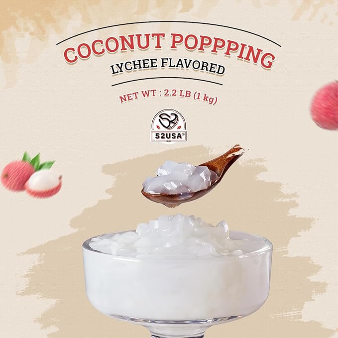 52USA Lychee Flavored Coconut Jelly 1kg (2.2 lbs) Topping for Desserts and Boba Tea, Premium Coconut Gel Strip for Smoothies and Drink