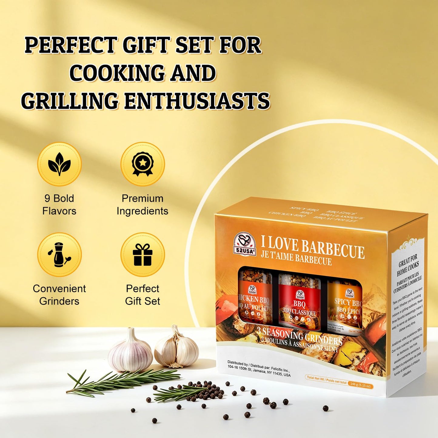 52USA Spice Grinder Seasoning Set of 9, Built-in Mill Assorted BBQ Garlic Pepper Seasoning Blends, Pure and Fresh, All Purpose Dry Rub Kit for Grilling Roasting Marinating Cooking