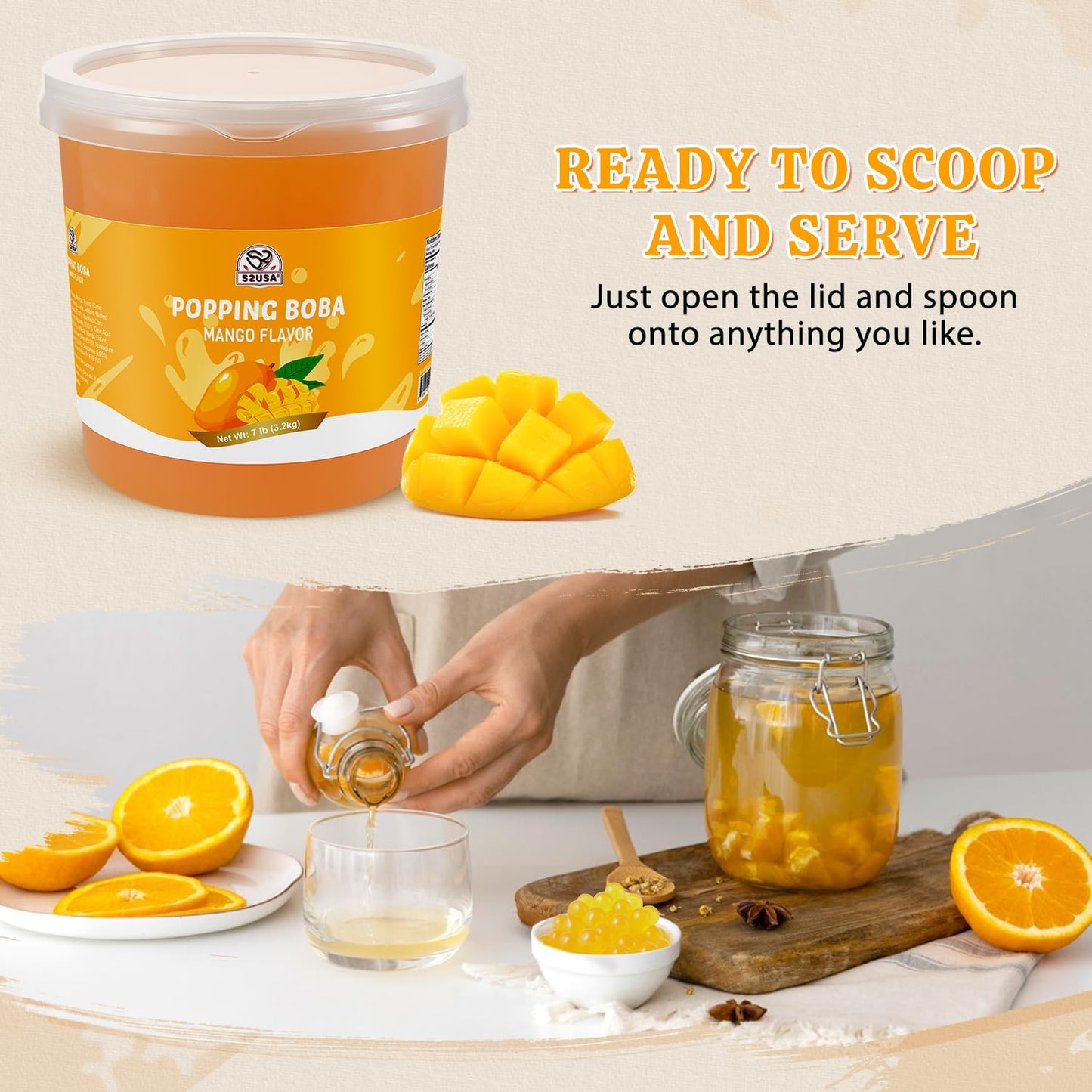 52USA Mango Popping Boba Pearls 7.05 Pounds(3.2kg), Bursting Boba Pearls Popping Pearlsfor Bubble Tea, Beverages, Shakes, Desserts, Smoothie and Ice Cream Topping