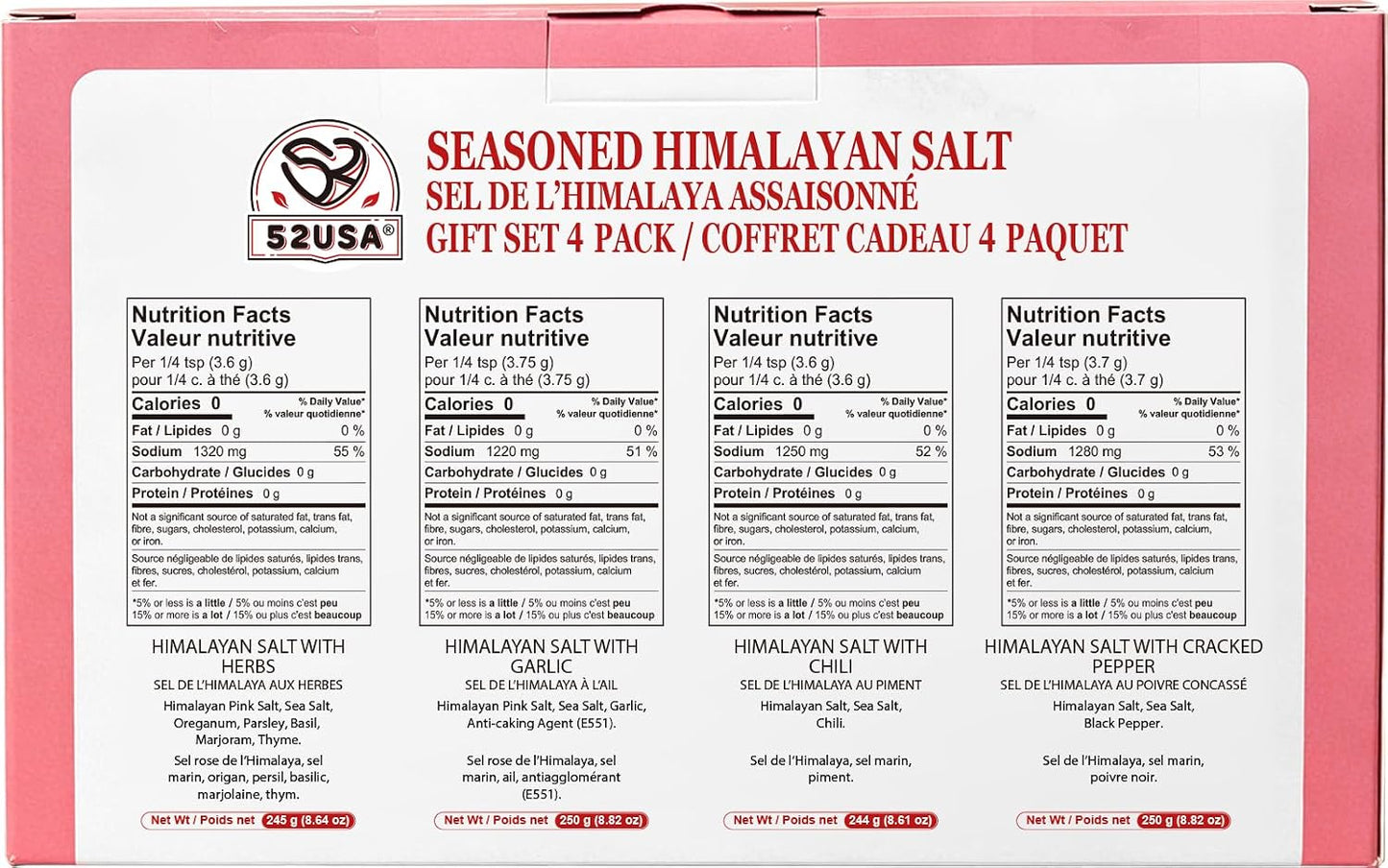 52USA Seasoned Himalayan Salt Gift Set 4 packs, Seasoned Salt Blend | Himalayan Pink Salt with Black Pepper, Garlic, Chili, Herbs and Sea Salt, All Purpose Spice Blends for Meat, Seafood & Veggy