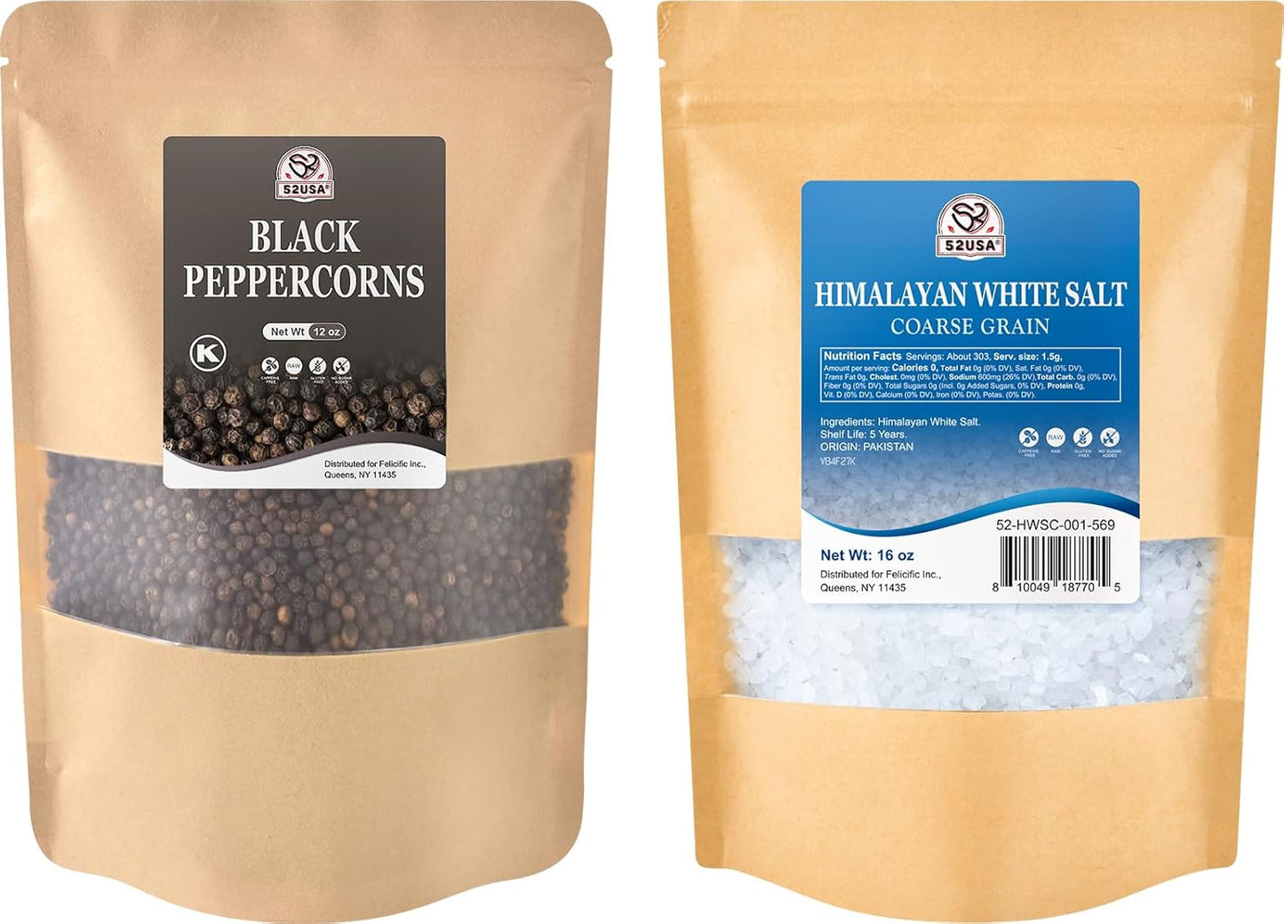 52USA Black Peppercorns 12 oz and Coarse Sea Salt 1 lbs, Salt and Pepper for Grinder Refill, Whole Peppercorns