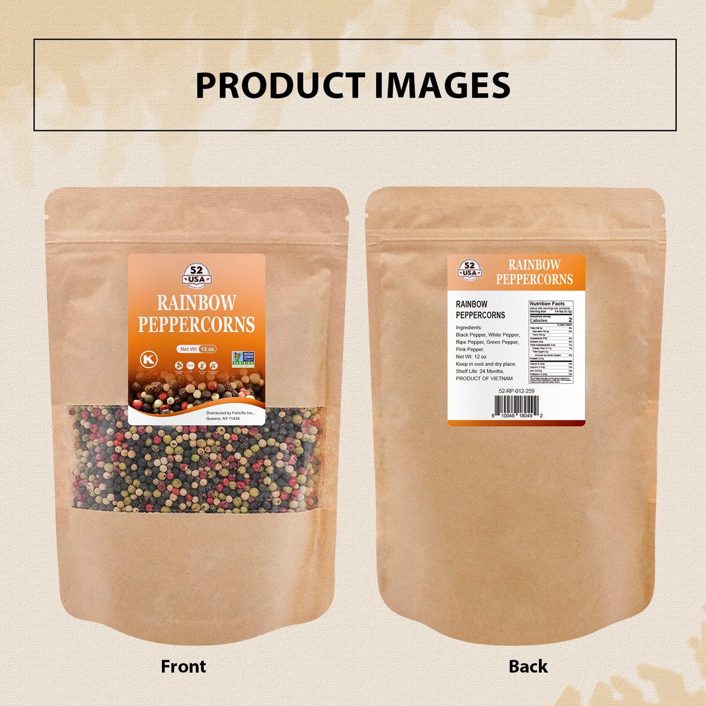 Click to see full view 52USA Rainbow Peppercorns, 12oz, Peppercorn for Grinder Refill, Whole White Pepper corns, Red Peppercorn, Black Peppercorns, Mixed Peppercorns, Rainbow Pepper Mix