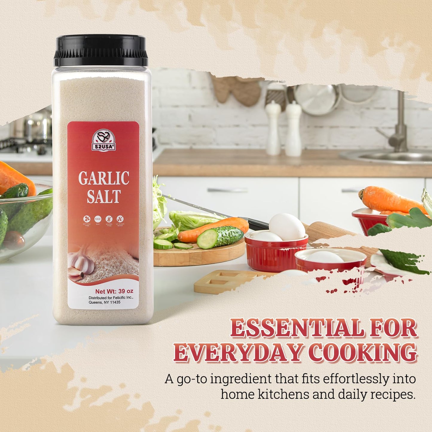 52USA Garlic Salt 39 Ounce(1.1 kg), Garlic Salt Bulk Seasoning, Fine Ground Salt Garlic, No MSG Added, Non-GMO, Kosher, Gluten Free, Flavorful Salt for Soups, Vegetables, Meats, Breads and More