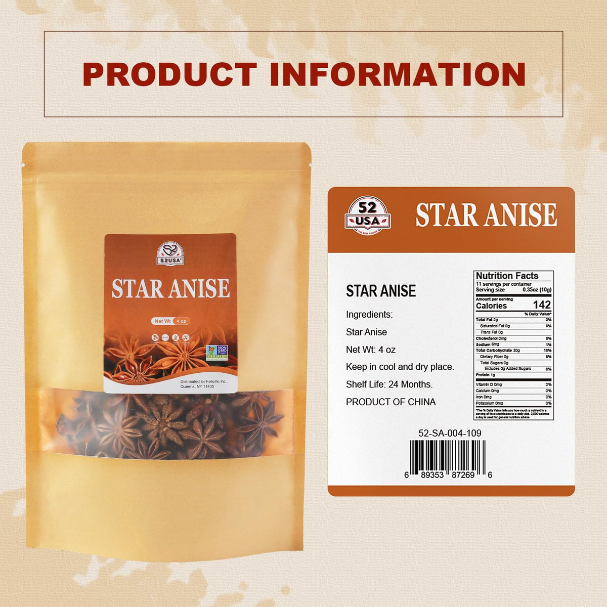 52USA,whole 4oz (Pack of 1), NON-GMO Verified Chinese, Dried Anise Spice Aromatic Anise Star for Baking and Tea, Pho Broth, Mulled Wine, Braising Meat, Whole Chinese Star Anise Pods, Anis Estrella