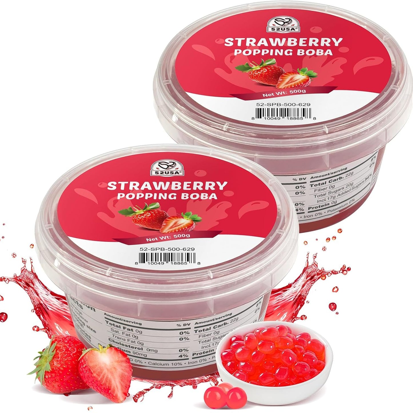 52USA Strawberry Popping Boba 500g (Pack of 2), Bursting Popping Pearls for Bubble Tea, Beverages, Sweets, Ice Cream, Shakes, Desserts & Smoothies Topping, 1.1 Pound (Pack of 2)
