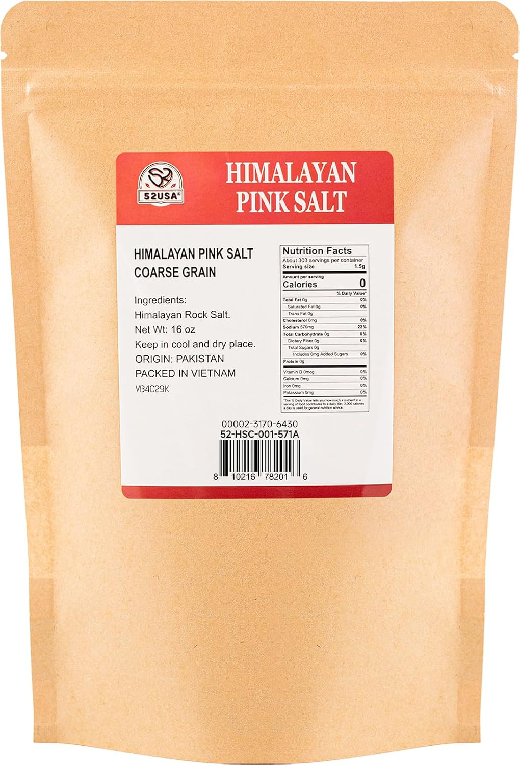 52USA Himalayan Pink Salt Coarse, Coarse Grain 1 lb, Pink Himalayans Sea Salt, Sea Salts for Grinder Refill, Himalayan Salts, Pink Salt, No Artificial Colors, No Additives, No Gluten, Kosher Certified