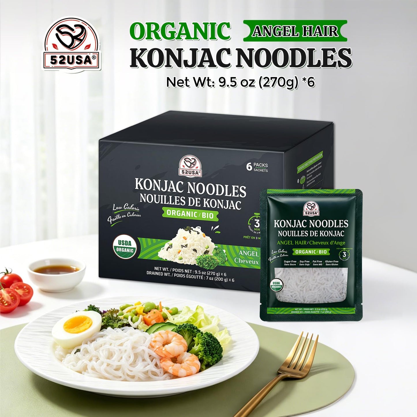 52USA Organic Konjac Angel Hair Noodle, 6-Pack (52.8 oz Total) – Low Carb, USDA Organic, Keto Friendly, Vegan, Sugar-Free, Gluten-Free, Ready to Eat, Shirataki Pasta
