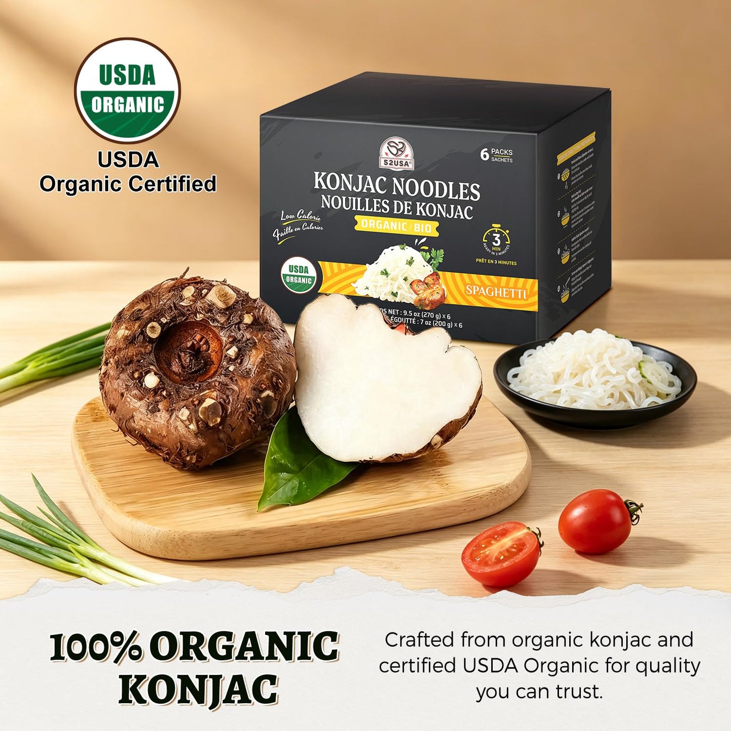 52USA Organic Konjac Spaghetti Noodle, 6-Pack (52.8 oz Total) – USDA Organic Shirataki Pasta, Low Carb, Keto Friendly, Vegan, Sugar-Free, Gluten-Free, Ready to Eat, High Fiber Noodles