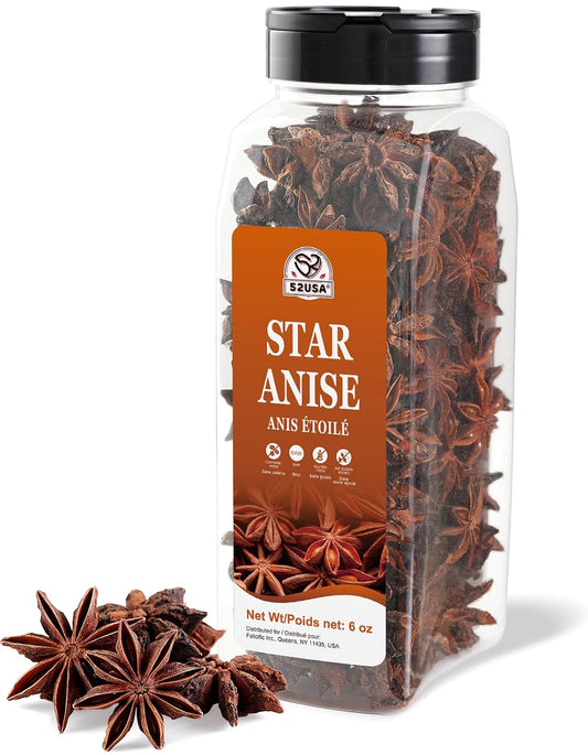 52USA Star Anise, Whole Dried Anise Seeds 6 oz, Natural Aromatic Spice | Comes in Bottle, Chinese Star Anise Ideal for Cooking, Baking, Soups, Marinades and Herbal Teas